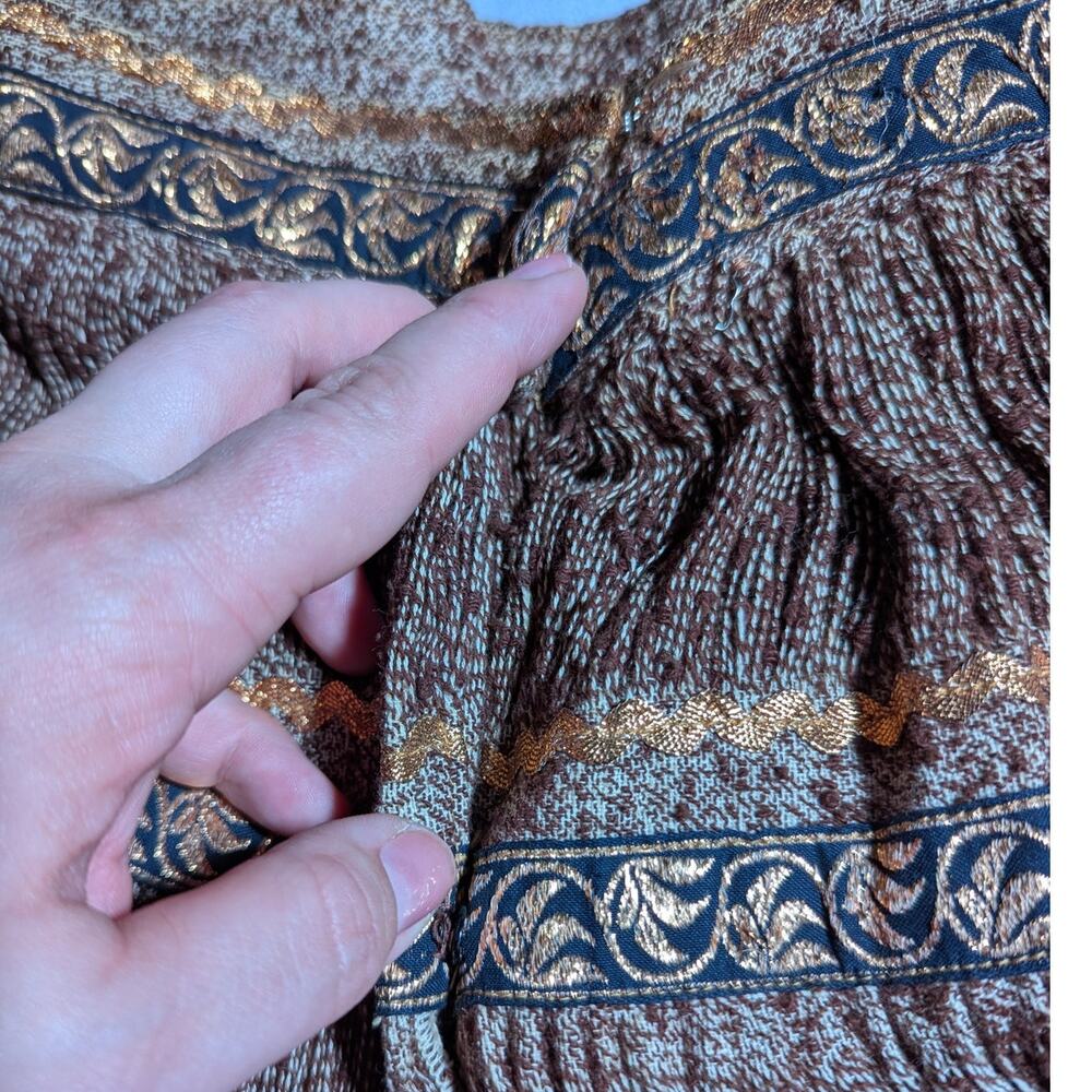 Vtg 1950s Brown Gold Tiered Fringe Mexican Patio Hook Closure Circle Skirt Sz XS - Picture 4 of 4